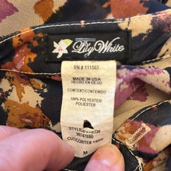 Lily White Chic Multicolor long sleeve sheer Abstract Blouse Size M EUC - Picture 7 of 9